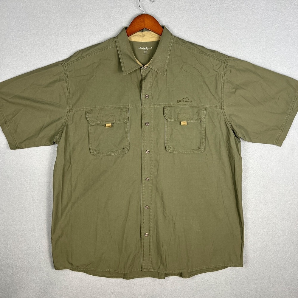 Eddie Bauer Shirt Mens 2XL Green Ripstop Short Sleeve Hiking Outdoor Utility